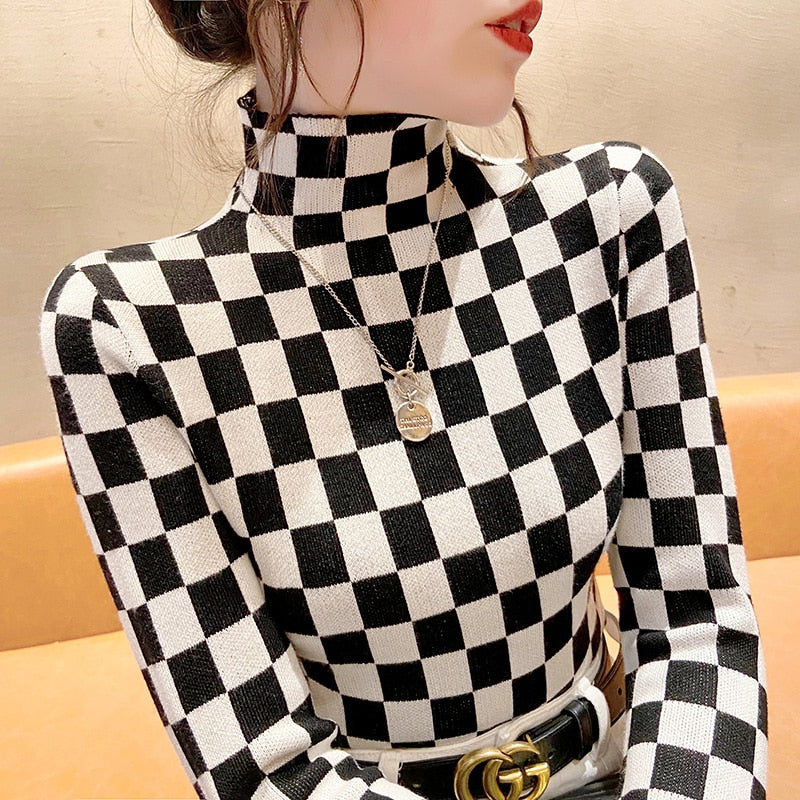 Aesthetic Checkerboard Knit Turtleneck Sweater