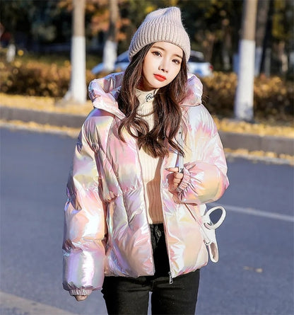 Holographic Glossy Short Puffer Jacket
