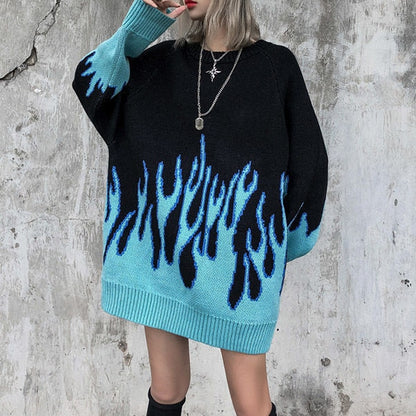 Korean Streetwear Flame Sweater Black Blue