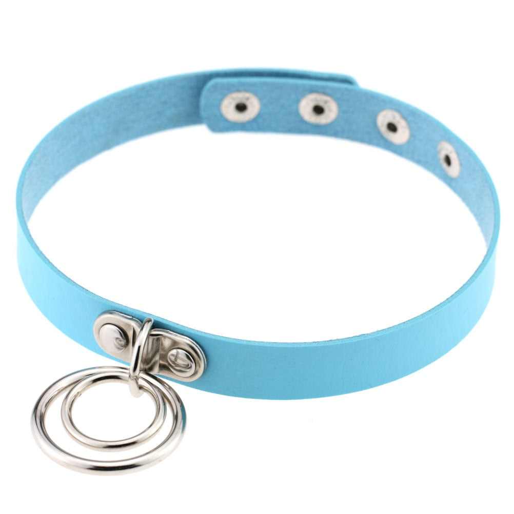 Blue Choker Necklace Double Metal Ring