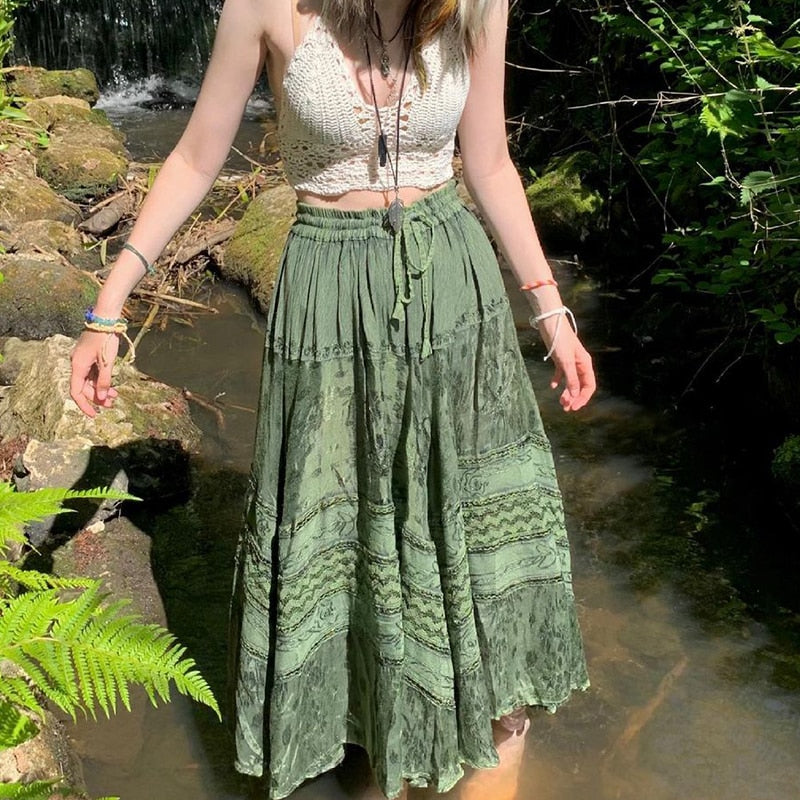 Fairy Grunge Fairycore Green Long Skirt