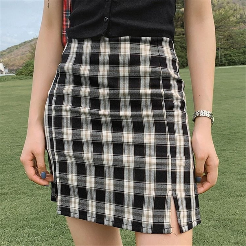 Vintage Plaid Side Split Mini Skirt Black
