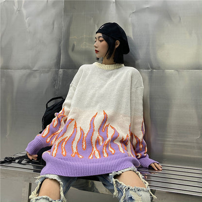 Korean Streetwear Flame Sweater White Lavender