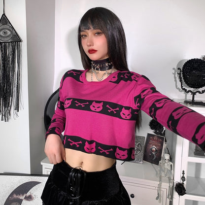 Neko Gothic Cat Rose Red Crop Sweater