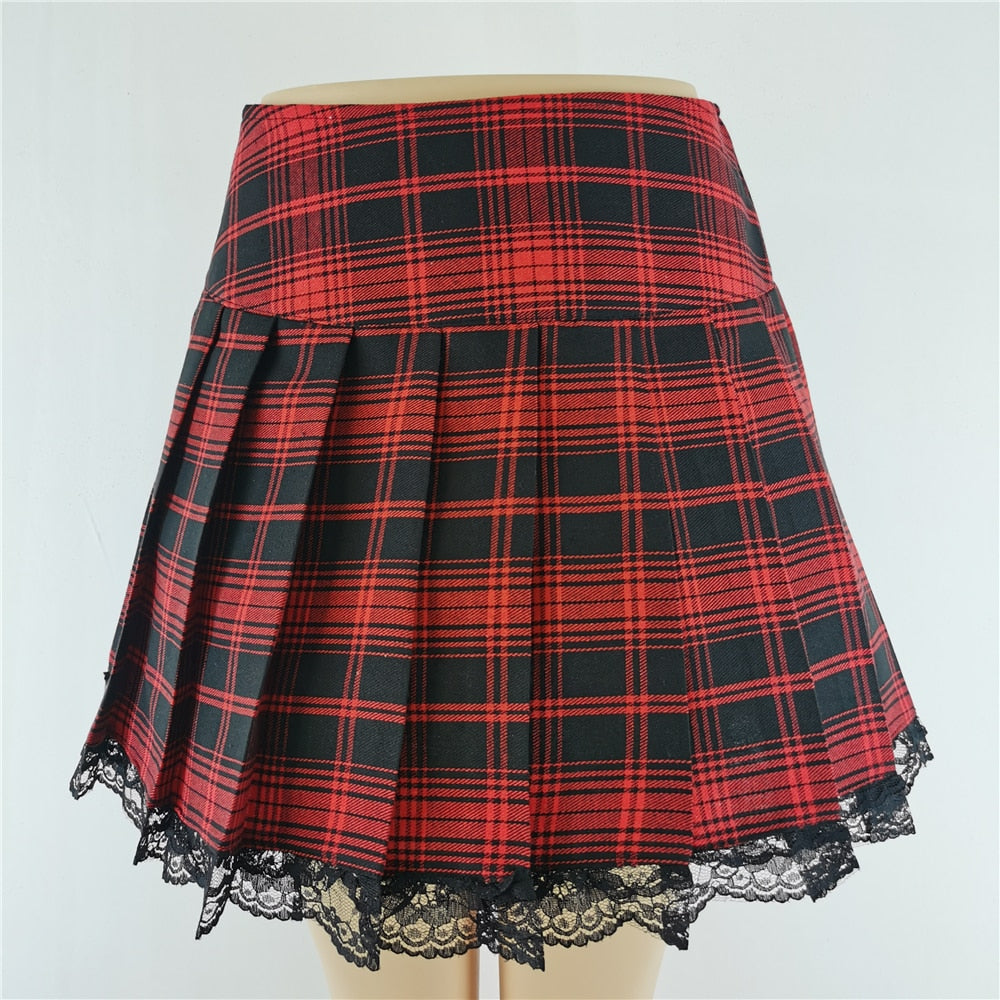 Egirl Goth Punk Black Red Pleated Plaid Skirt
