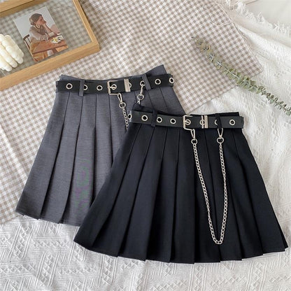 Simple Pleated Skirt with Belt Black