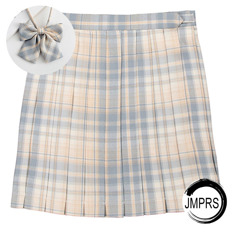 Preppy Pleated Plaid Skirt with Bow White Blue