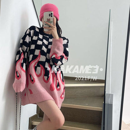 Korean Streetwear Flame Sweater Black Pink