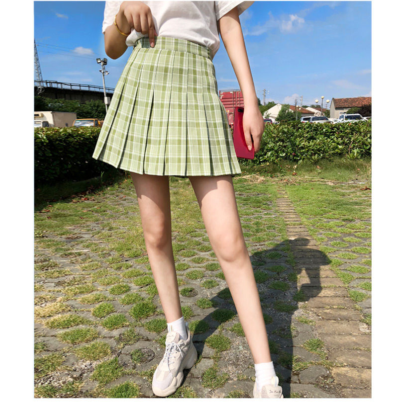 Green Pleated Plaid Korean Skirt