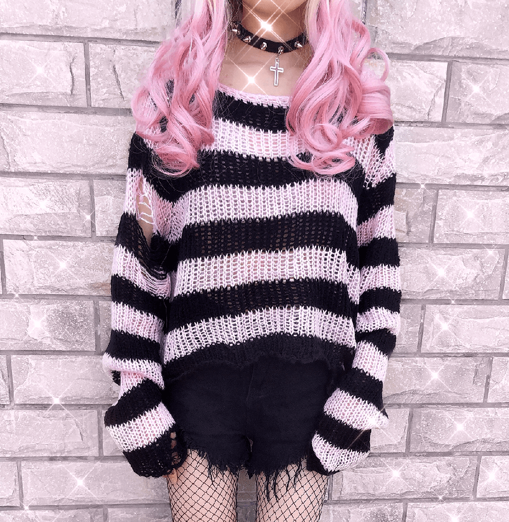 Pastel Goth Grunge Striped Light Pink Knitted Sweater
