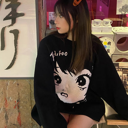 Oversize Anime Girl Black Sweater