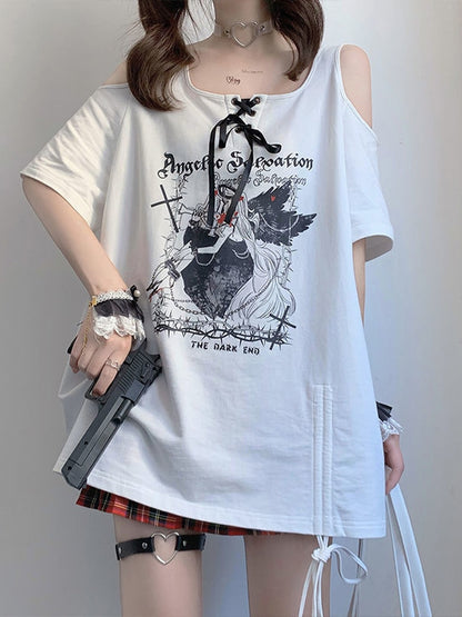 Egirl Dark Grunge Anime Off Shoulder White T-Shirt
