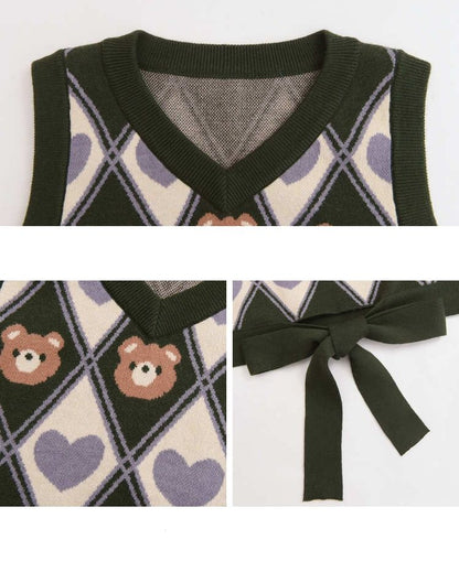 Kawaii Sweater Vest Bear Hearts Argyle