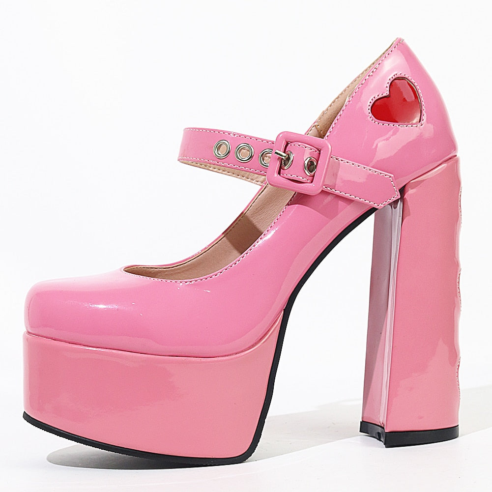 Lovecore Hearts Mary Janes High Heels Pink