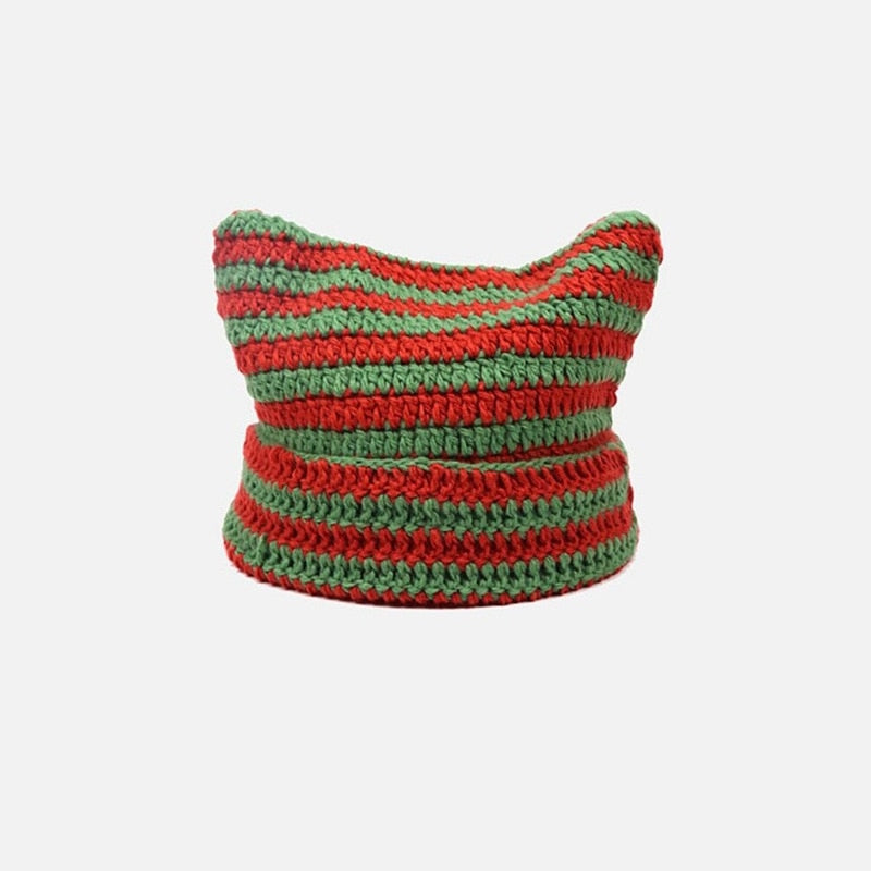 90s Grunge Cat Ears Striped Knitted Beanie