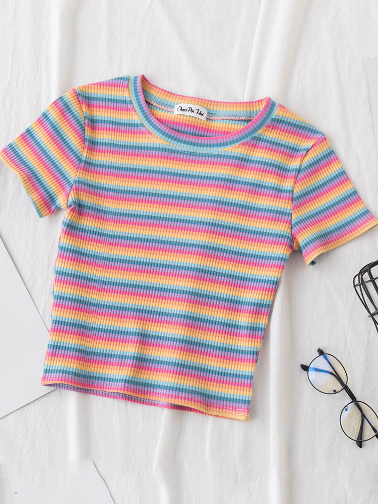 Striped Crop T-Shirt Pastel Rainbow
