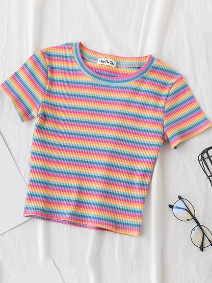 Striped Crop T-Shirt Pastel Rainbow