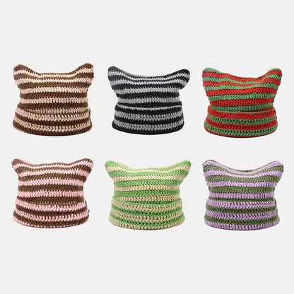 90s Grunge Cat Ears Striped Knitted Beanie