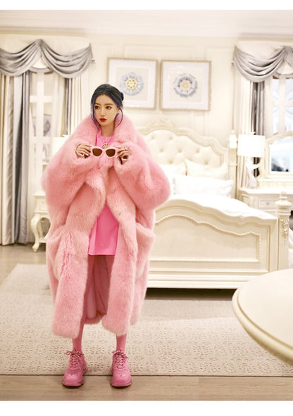 Y2K Long Oversized Pink Fluffy Faux Fur Coat