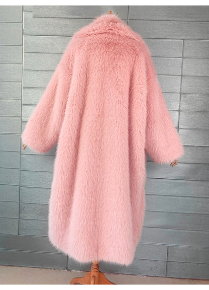 Y2K Long Oversized Pink Fluffy Faux Fur Coat