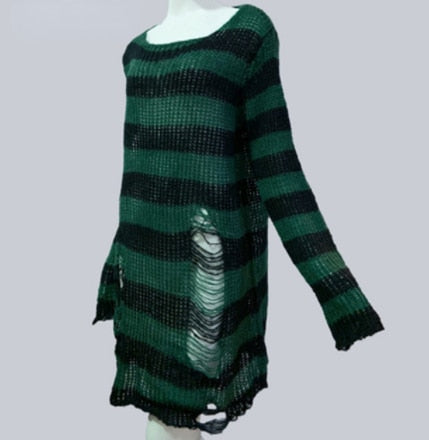 Punk Dark Grunge Egirl Long Striped Sweater Forest Green