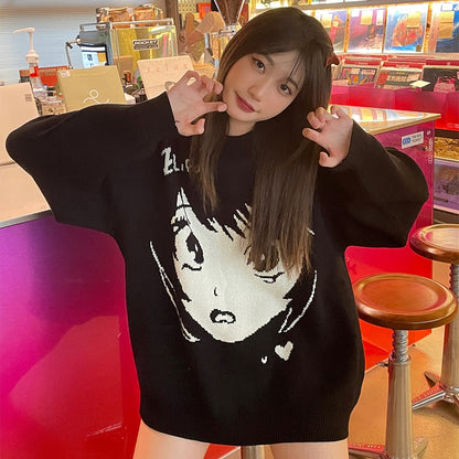 Oversize Anime Girl Black Sweater