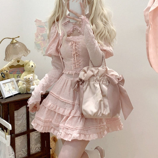 Peach Pink Vintage-Aesthetic Lace Ruffle Kawaii Lolita Nymphet Lingerie Set