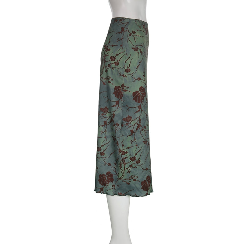 Fairy Grunge Green Floral Midi Skirt