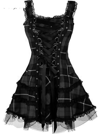 Gothic Punk A-line Dark Plaid Dress