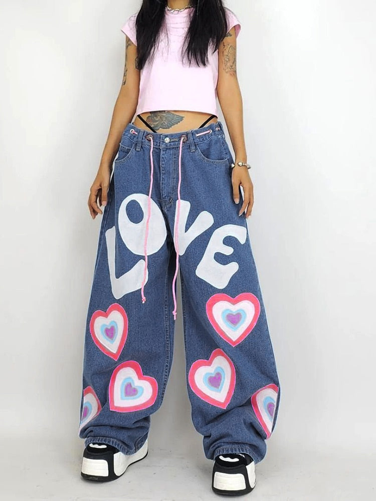 Aesthetic Y2K Indie Girl Heart Baggy Jeans Wide Pants for Women –  Aesthetics Boutique