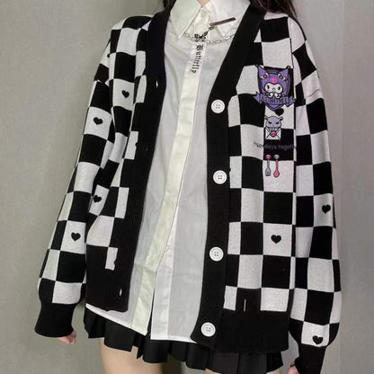 Kuromi Black Checker Cardigan Sweater