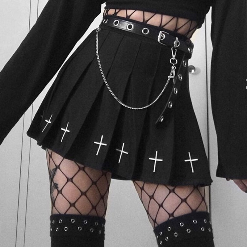 Aesthetic Clothes Dark Grunge Skirt - Gothic Cross Pleated Mini