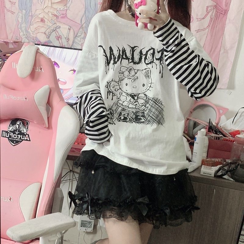 Sanriocore Goth Hello Kitty Long Sleeve Tee