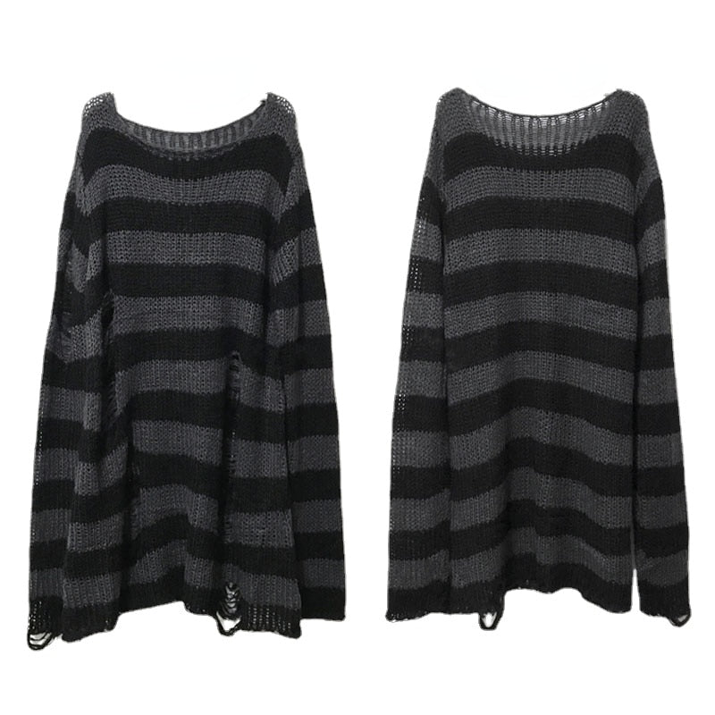 Grunge Punk Gothic Long Striped Sweater Dark Gray Aesthetics Boutique