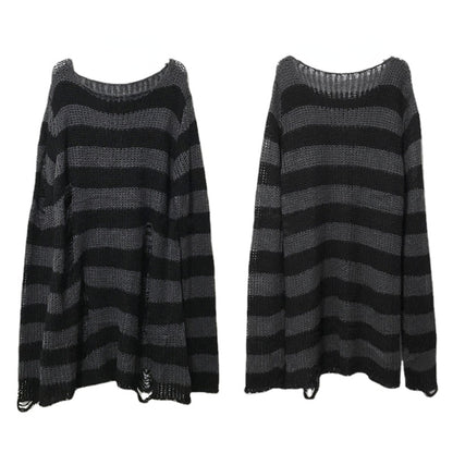 Grunge Punk Gothic Long Striped Sweater Dark Gray