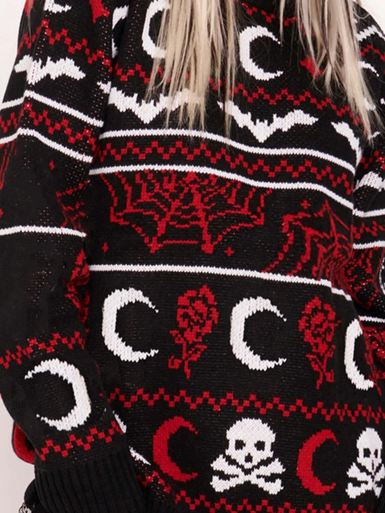 Winter Knitted Sweater Gothic Moon Skull