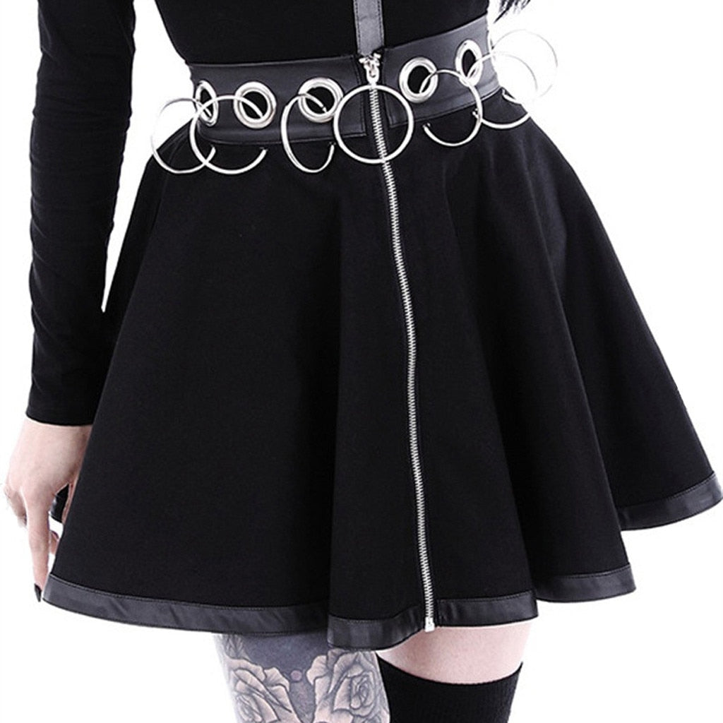 Dark Goth Zipper Rings A-Line Skirt