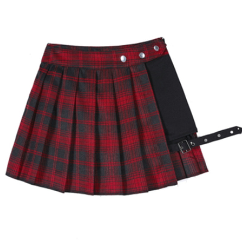 Punk Gothic Asymetric Red Plaid Skirt