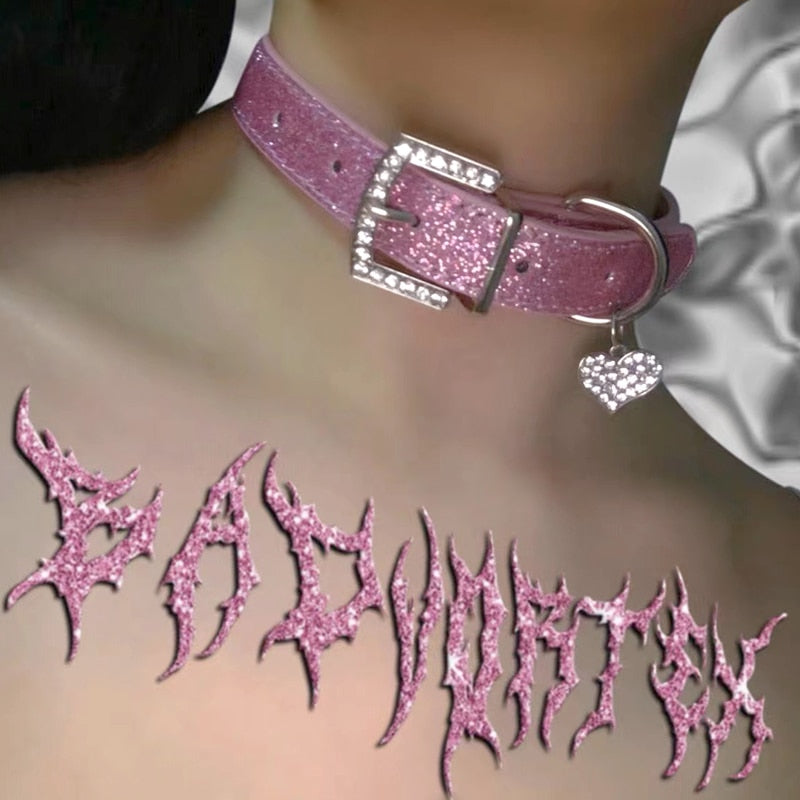 Glitter Pink Heart Choker Necklace