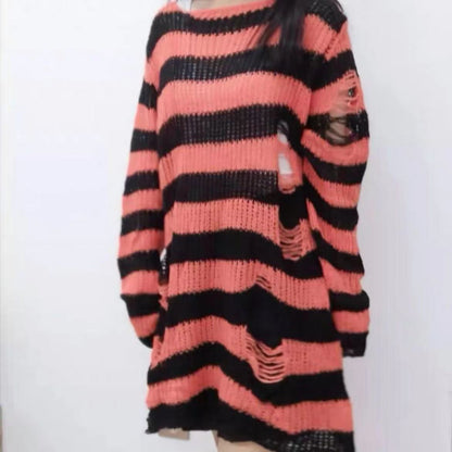 Punk Dark Grunge Egirl Long Striped Sweater Orange