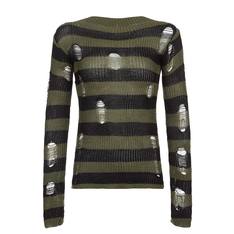 Grunge Distressed Green Striped Sweater