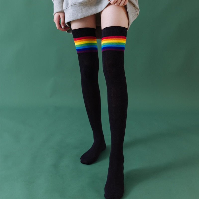 Rainbow Thigh High Tube Socks - Black