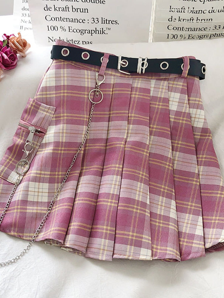 Pink Plaid Pleated Skirt with Belt