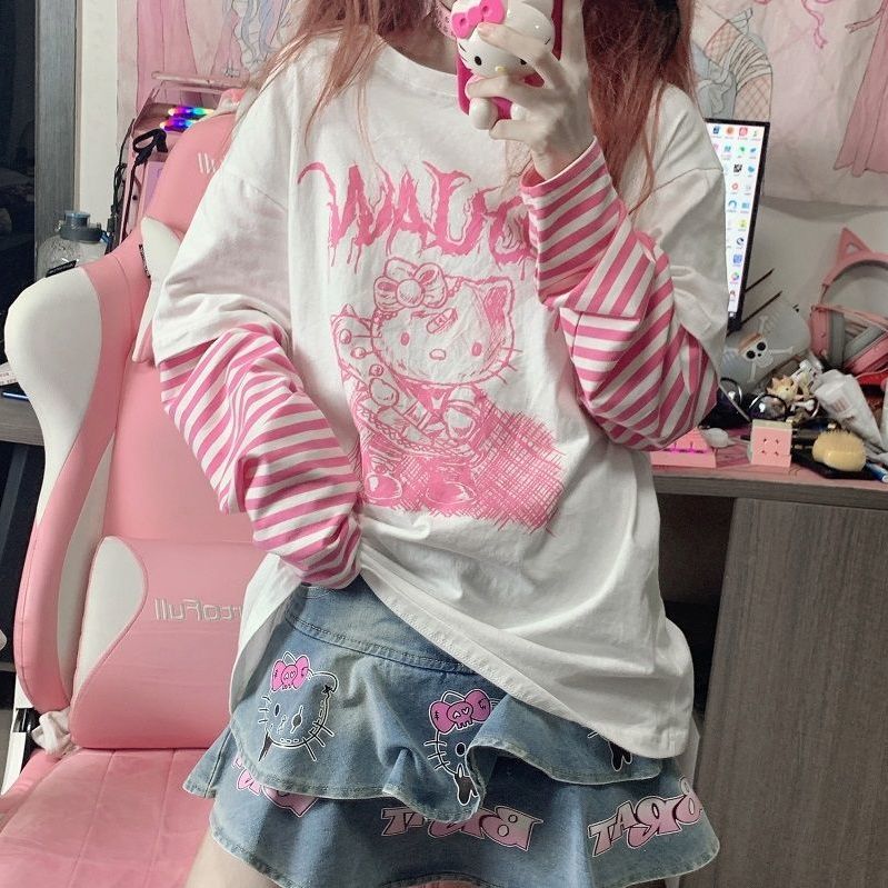 Sanriocore Goth Hello Kitty Long Sleeve Tee