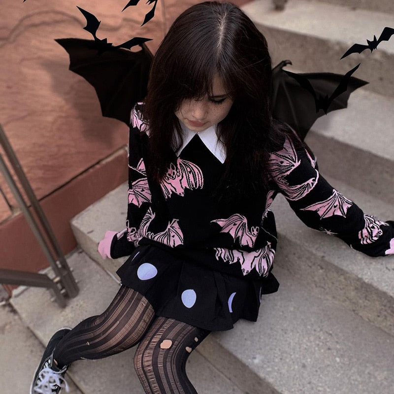 Gothic Bat Knitted Sweater Pastel Goth