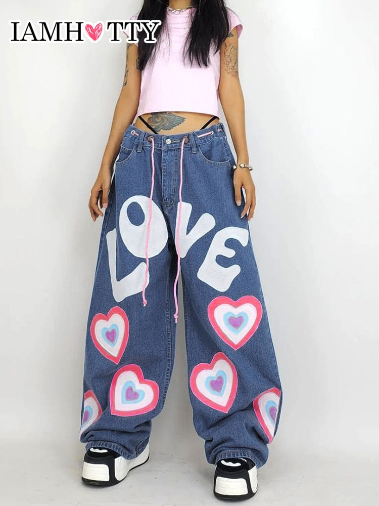 Aesthetic Y2K Indie Girl Heart Baggy Jeans Wide Pants for Women – Aesthetics  Boutique