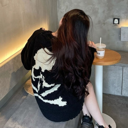 Gothic Skull Print Black Knitted Sweater