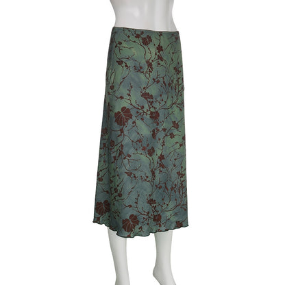 Fairy Grunge Green Floral Midi Skirt