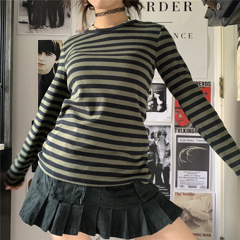 Grunge Aesthetic Striped Long Sleeve T-Shirt Green