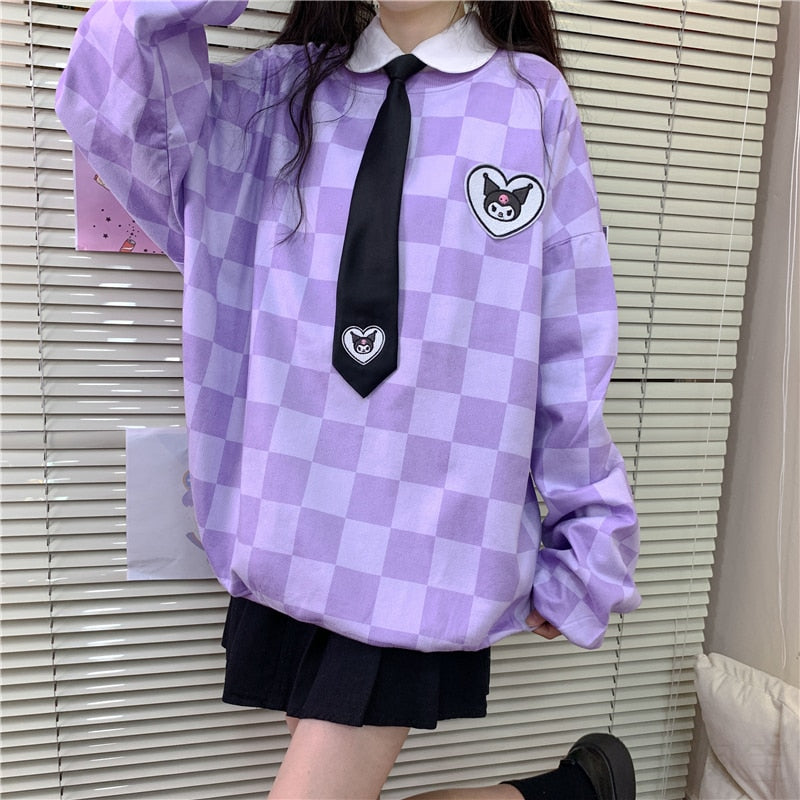 Sanriocore Kawaii Kuromi Purple Checker Sweatshirt